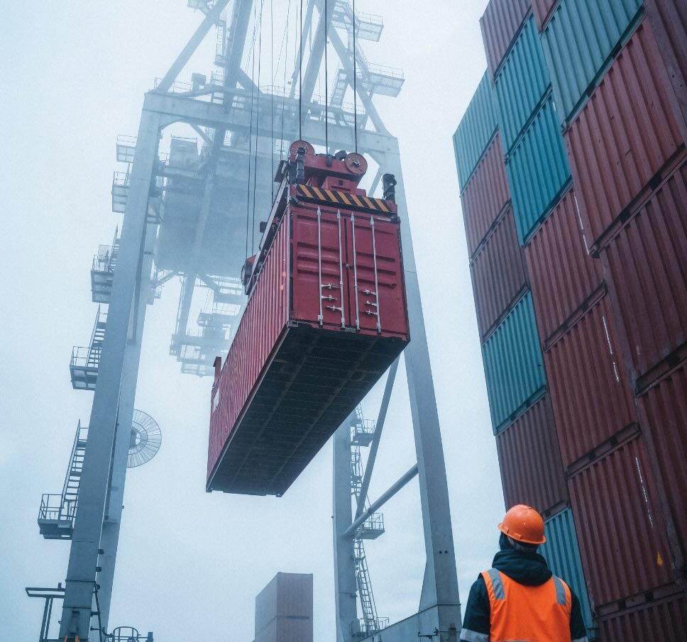 Port worker in safety gear overseeing crane lifting a shipping container at an international cargo terminal