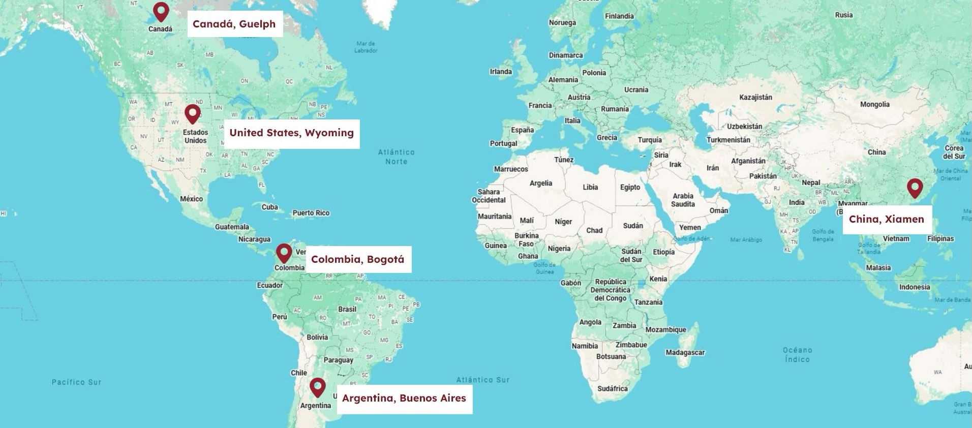 World map showing Baybridge Commodities Inc office locations: Canadá Guelph, United States Wyoming, Colombia Bogotá, Argentina Buenos Aires, and China Xiamen